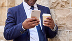 Travel, coffee and hands of businessman with phone on walk commute for social media, email or ecommerce. Technology, internet and corporate black man on outdoor break with 5g mobile connection. 

