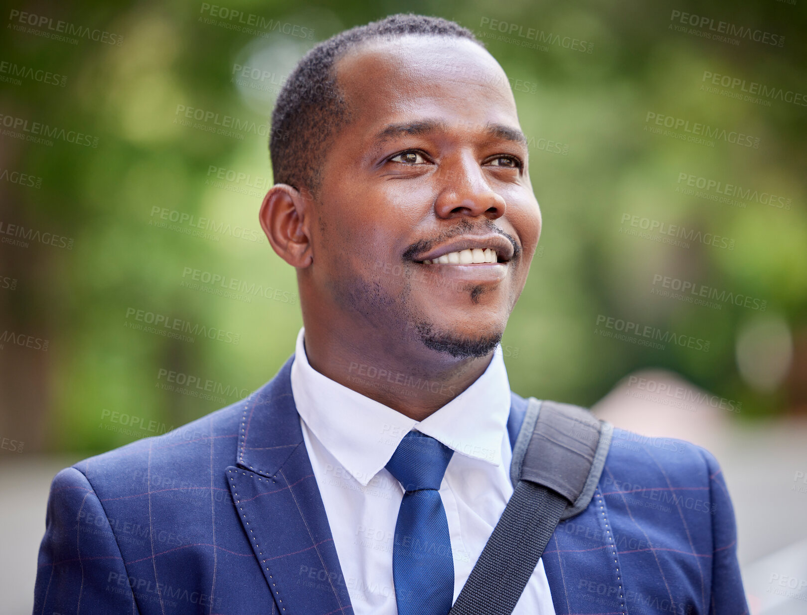 Buy stock photo Happy black business man in the city, professional entrepreneur commute to work and outdoor in park. Young african lawyer in corporate suit, vision for career success success and proud law student