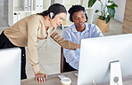 Black man, woman or call center computer training in crm consulting office, b2b telemarketing sales company or contact us startup. Talking receptionist, worker and employee in intern technology help