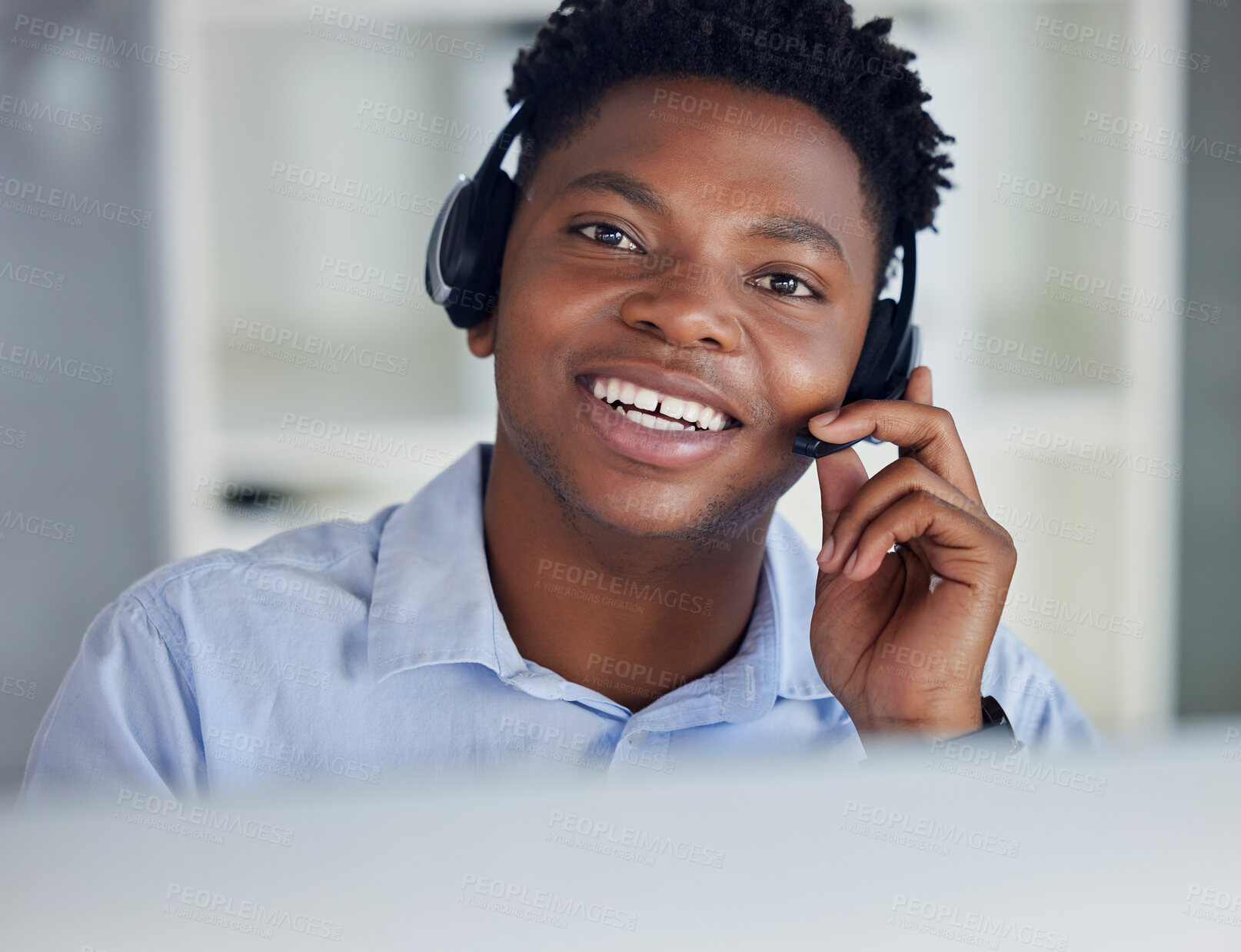 Buy stock photo African man, telemarketing and portrait of face for call center, contact us or crm support consultant in office. Smile, black man and business consulting or customer service with headphones for phone