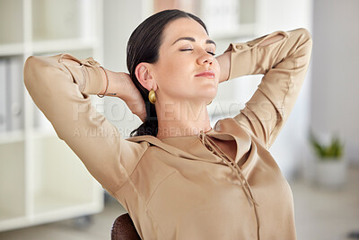 Buy stock photo Businesswoman, relax and rest after productivity at office with hand behind head for resting while thinking about goals and future. Female entrepreneur on chair for break and peace for work done