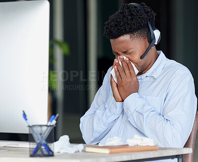 Buy stock photo Computer, call center or sick businessman blowing nose with tissues in contact us, telemarketing or b2b sales company. Stress flu, covid or cold virus for customer support receptionist and technology