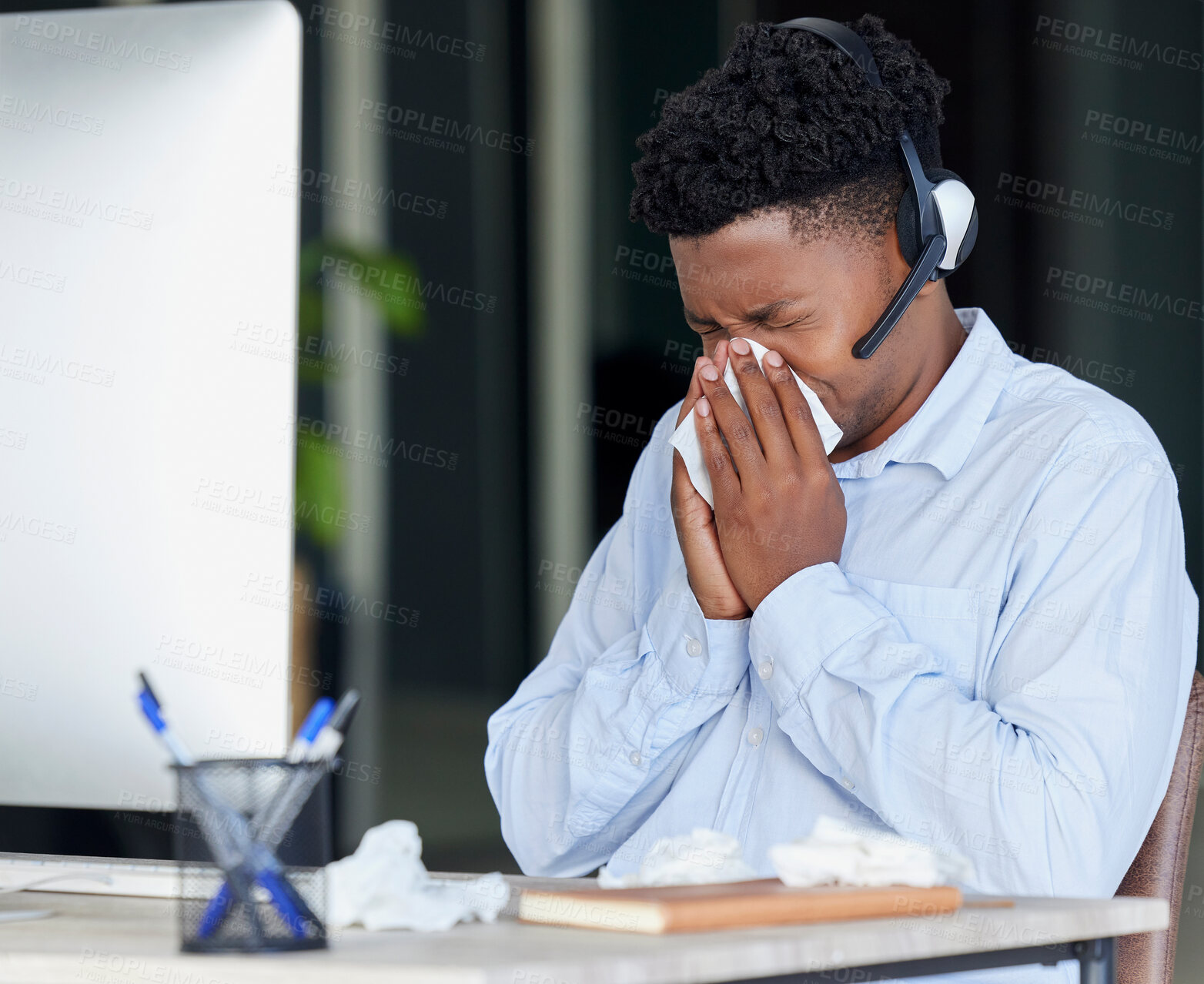 Buy stock photo Computer, call center or sick businessman blowing nose with tissues in contact us, telemarketing or b2b sales company. Stress flu, covid or cold virus for customer support receptionist and technology