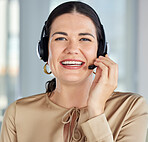 Happy call center woman, CRM or customer support employee for telemarketing deal, support or motivation. Face, sales advisor or business woman for customer service, contact us or hotline with smile
