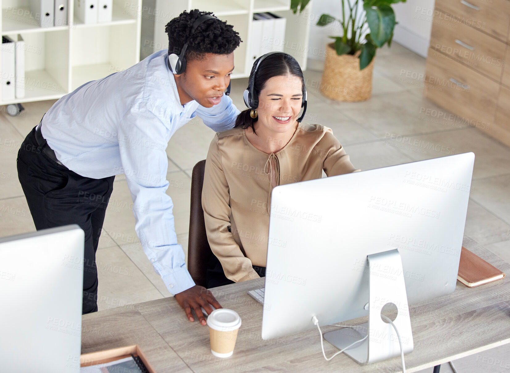 Buy stock photo Black man, woman or computer call center training in crm consulting, b2b sales telemarketing or customer support office. Smile, happy or talking intern receptionist on technology with mentor question