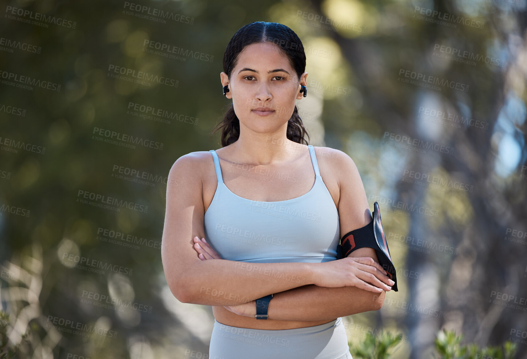 Buy stock photo Fitness, portrait and woman with arms crossed ready for fitness workout or exercise in nature outside. Park, health and wellness with a female ready for athletic physical and sporty training  