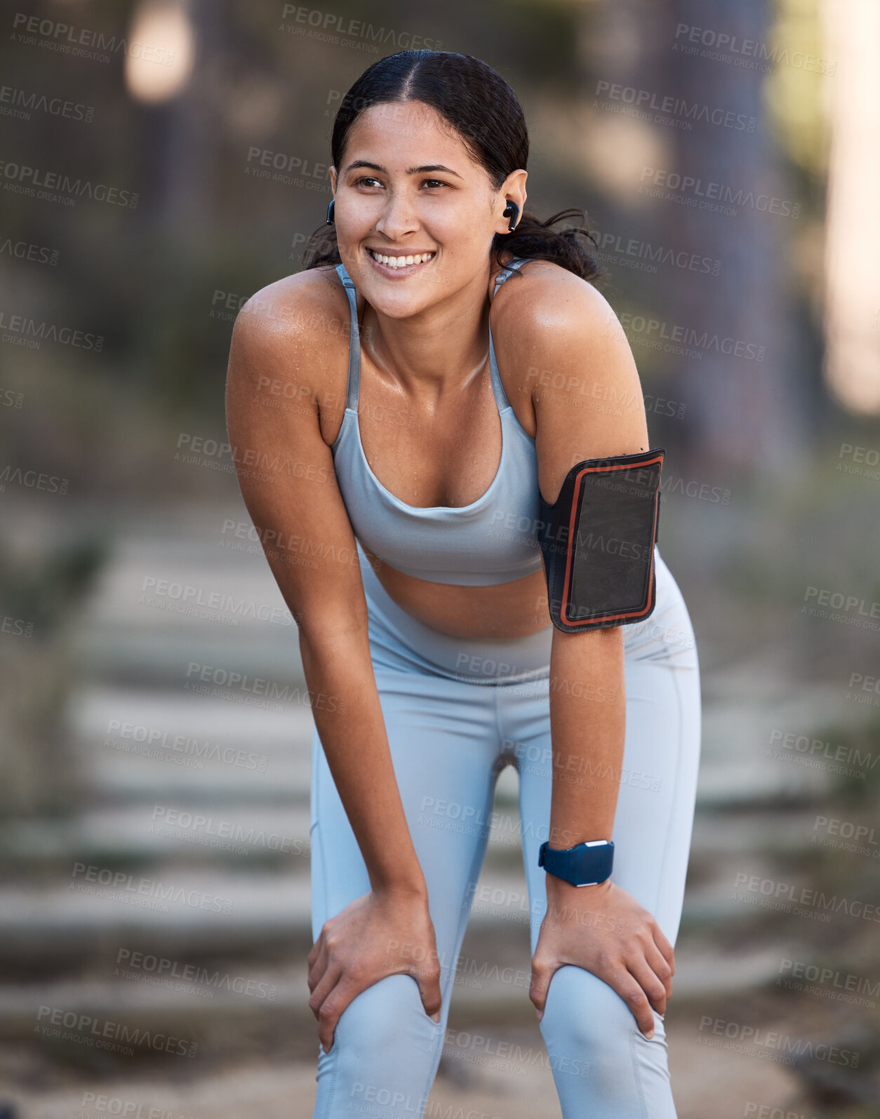 Buy stock photo Fitness, tired or black woman runner with phone taking break from running training, exercise or nature workout. Athlete, health motivation or girl relax in park exhausted, fatigue or recover energy 