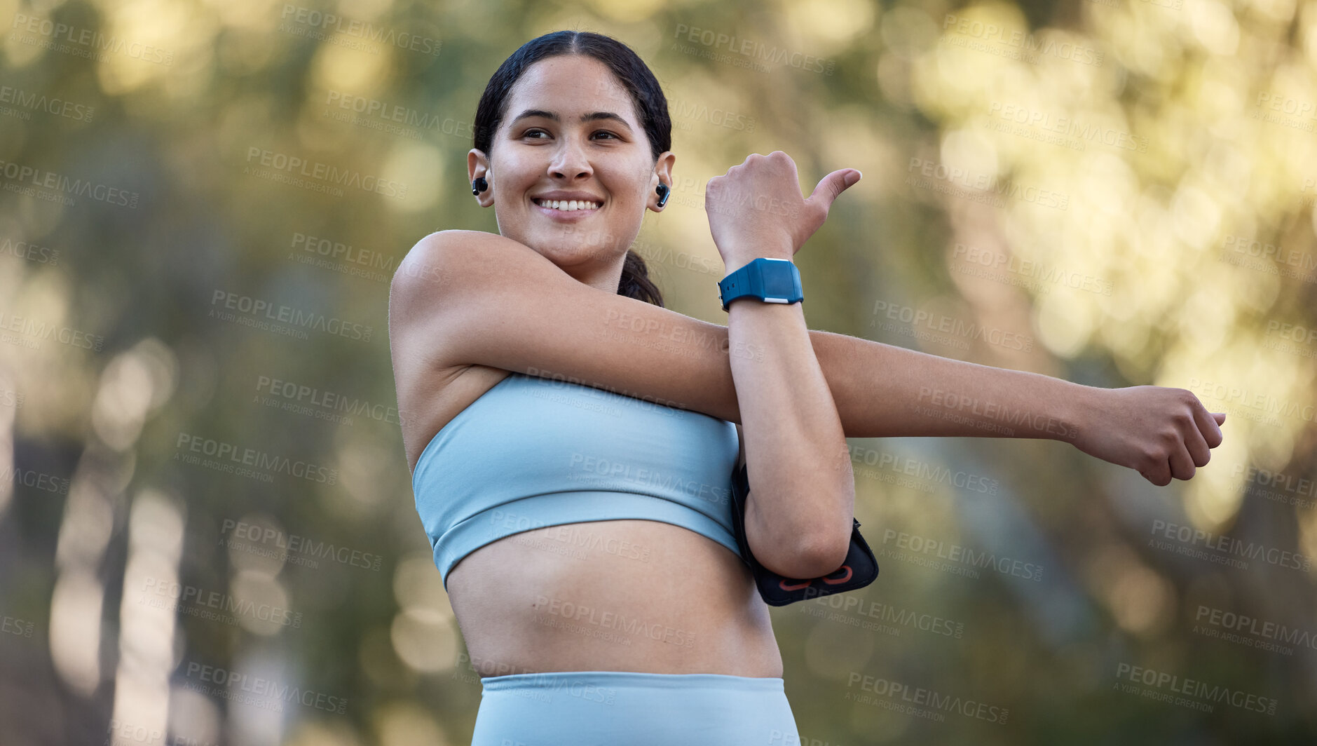 Buy stock photo Stretching, thinking and woman training in nature with music on earpods for motivation, mindset and health. Fitness, idea and athlete with podcast warm up before cardio, workout or pilates in a park