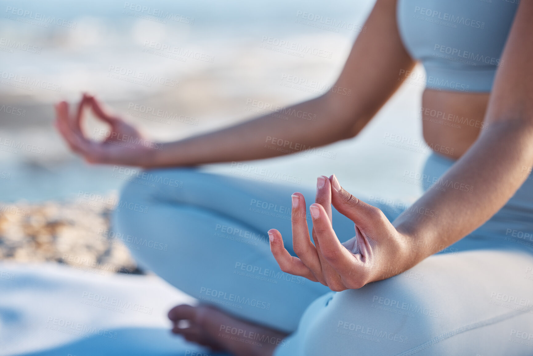 Buy stock photo Yoga, meditation and zen hands of woman at beach for fitness, exercise and mindfulness in nature, outdoor wellness and peace. Meditate, spiritual and healing person hand sign or lotus pose by a sea