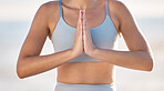 Hands, meditation and zen woman in yoga with spiritual, peaceful or worship gesture outdoor in nature. Wellness, fitness and healthy person relax in a calm and balanced exercise or faith in nature
