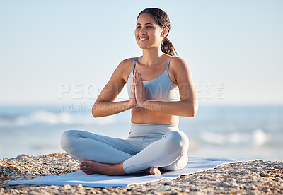 Buy stock photo Meditation, yoga or black woman for fitness on beach for zen wellness, mental health or health workout. Happy, relax and peace girl with sport exercise, pilates or chakra energy training with smile