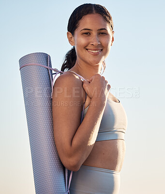 Buy stock photo Woman, mat and yoga fitness portrait ready for workout training or zen meditation outdoors. Healthcare wellness motivation, sports exercise and girl, performance mindset and relax pilates in park