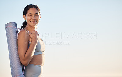 Buy stock photo Woman, yoga mat and happy portrait, exercise and workout outdoor, smile and happy during sunset in nature. Fitness, training and healthy female, happiness, mockup and motivation for healthy lifestyle