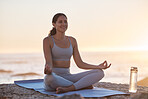 Meditation, fitness and woman doing yoga at the beach for motivation, peace and calm in morning. Summer, nature and girl doing exercise, meditate and training for mindfulness, zen and body wellness