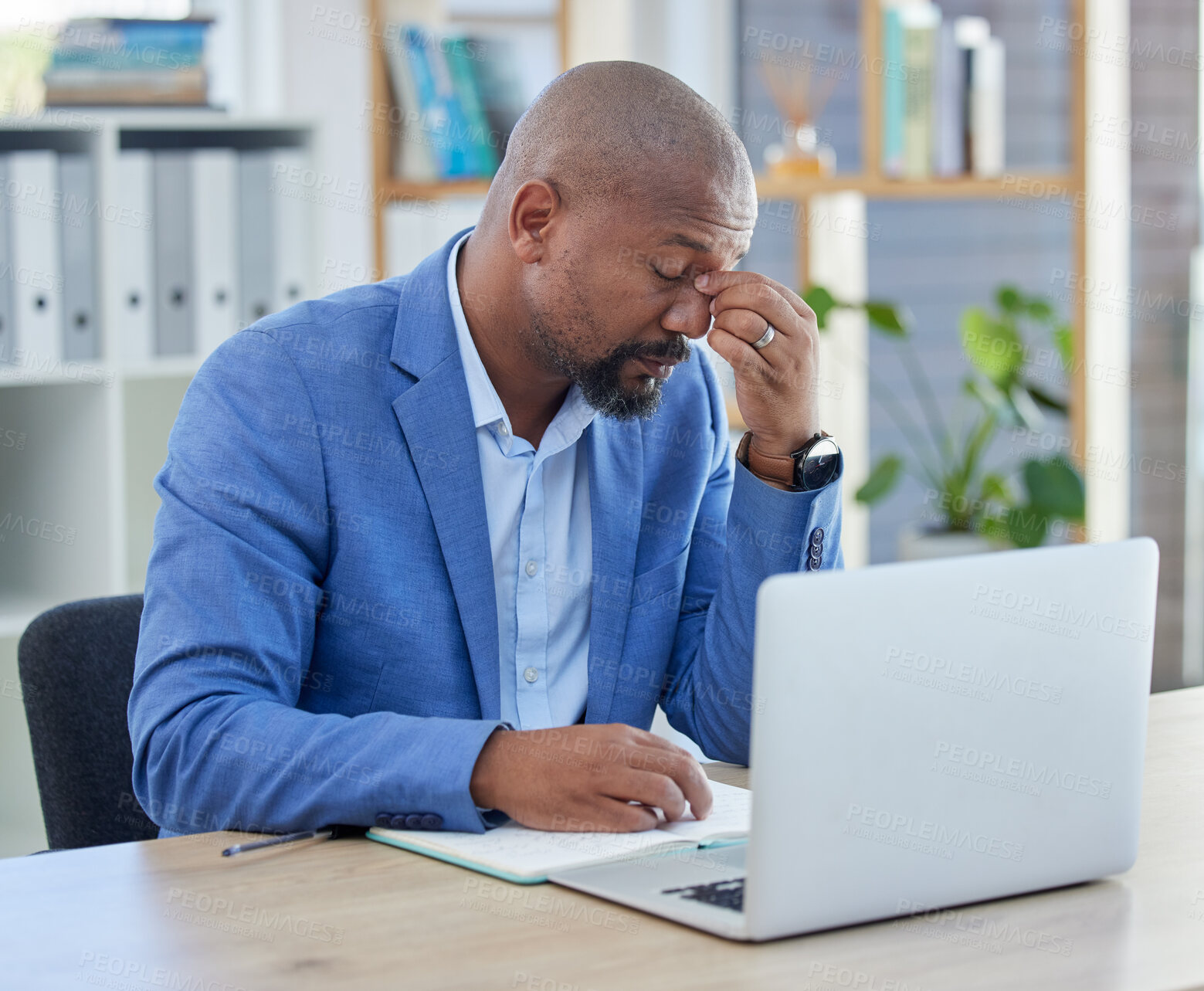 Buy stock photo Business, black man on laptop and headache, stress and burnout, 404 glitch and mental health problem at office desk. Frustrated, sad and anxiety manager working on computer, debt crisis and failure 