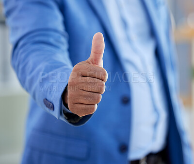 Buy stock photo Thumbs up, closeup and businessman winner support or thank you motivation. Success, celebration and corporate man hands zoom for yes, agreement and praise achievement or approval or thanks hand sign