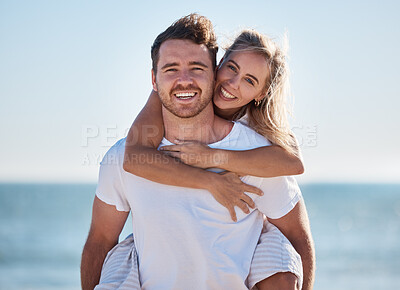 Buy stock photo Happy couple, beach and portrait of happiness with a piggy back game for fun, happiness and energy on vacation in summer. Man and woman feeling love, care and happy in a healthy marriage outdoor