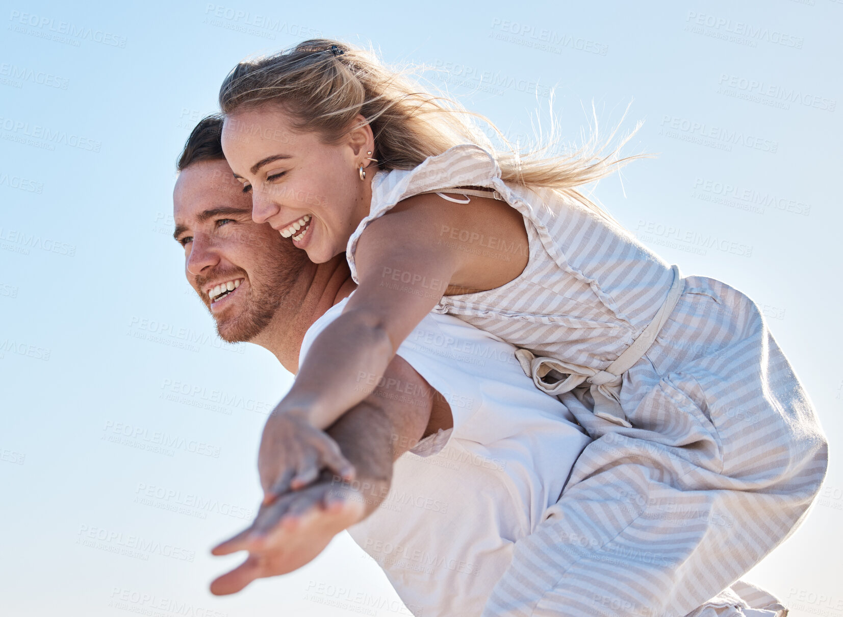 Buy stock photo Couple, people and fun with flying game on a summer vacation with love, care and happiness. Nature, man and woman with a husband and wife playing on a tropical holiday with a blue sky background