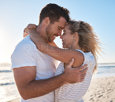 Buy stock photo Beach, couple hug and forehead love connection from bonding people on outdoor nature date for peace and freedom. Marriage partnership, honeymoon and romantic man and woman on Sydney Australia holiday