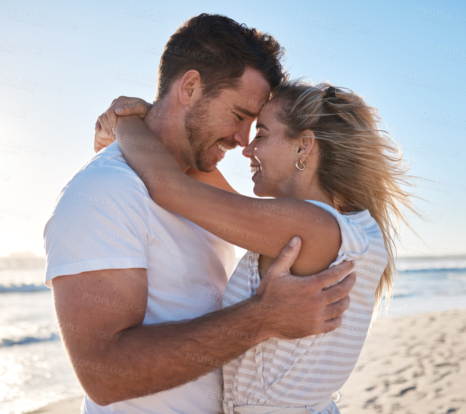 Buy stock photo Beach, couple hug and forehead love connection from bonding people on outdoor nature date for peace and freedom. Marriage partnership, honeymoon and romantic man and woman on Sydney Australia holiday