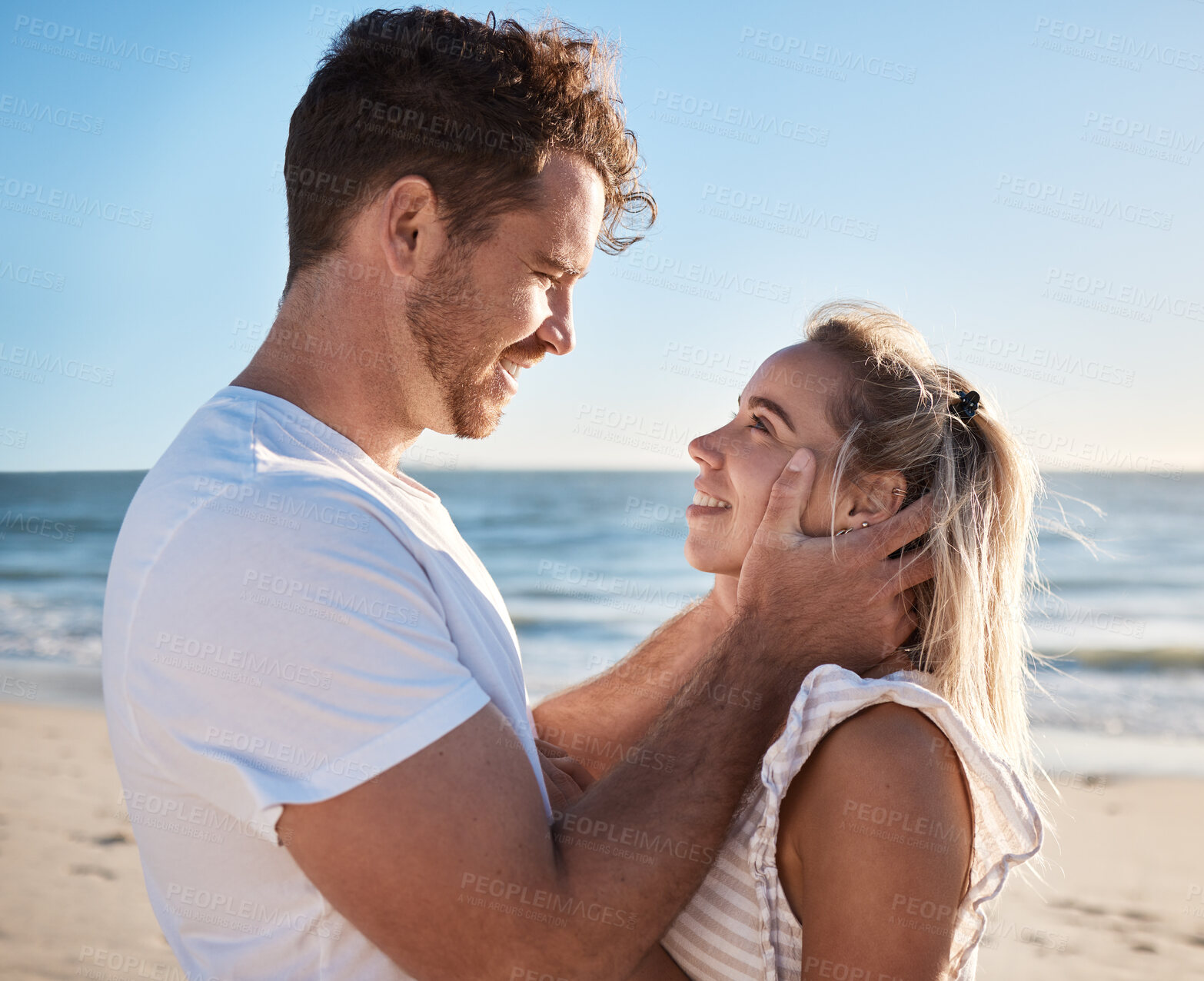 Buy stock photo Couple, love and man and woman on a beach vacation for romantic relationship and travel date. Boyfriend, girlfriend and people being loving, caring and affection on a tropical holiday by the sea 