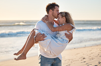 400px x 265px - Kiss, beach and man carrying woman for romantic sunset embrace on Australia  holiday in summer. Couple, love and happy man holding partner with care,  gratitude and respect on ocean walk. | Buy