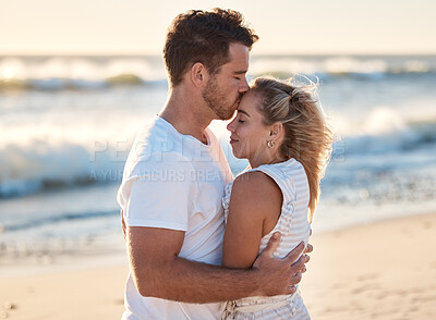 Buy stock photo Beach, kiss and love couple with summer, travel and holiday vacation together in sand, water and nature water. Young usa people or woman and man hug for honeymoon or outdoor sea or ocean date