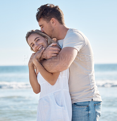 Buy stock photo Beach holiday, travel and couple hug, happy smile and enjoy summer together, romance and anniversary in summer. Man and woman with care, embracing and bonding in nature by the ocean on vacation