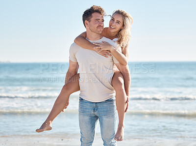 Buy stock photo Love, summer and couple doing piggyback at the beach enjoying romantic holiday, vacation and honeymoon by sea. Nature, affection and man carrying woman by ocean bonding, smiling and happy together
