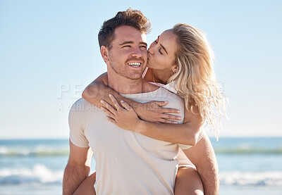 Buy stock photo Beach love, hug and couple kiss on romantic date, bonding getaway or outdoor nature adventure for peace, freedom and fun. Ocean sea, blue sky and man and woman piggyback on Sydney Australia holiday
