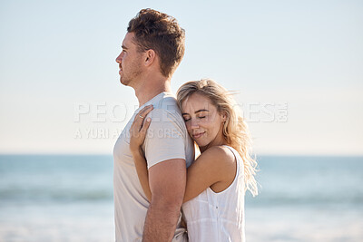 Buy stock photo Couple, hug and love with travel to the beach and quality time together for care in relationship and bonding. Man, woman and trip to the ocean, peace and trust, support and growth with romantic date.