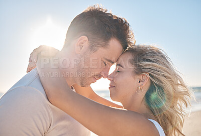 Buy stock photo Beach hug, couple love and forehead touching of husband and wife on honeymoon vacation in Toronto Canada. Blue sky flare, freedom peace and marriage partnership bond of man and woman on romantic date