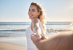 Love portrait, woman pov and holding hand on beach and happy relationship, anniversary and embrace while on holiday together. Romance, man and woman smile, loving and bonding with sunset on vacation