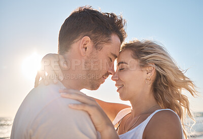 Buy stock photo Hug, love and couple at the beach for peace, support and quality time during a holiday in Maldives. Relax, trust and man and woman on a travel vacation with affection on a date by the tropical water
