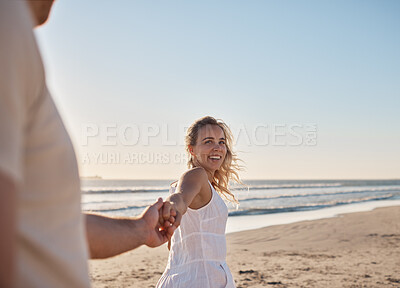Buy stock photo Couple holding hands on the beach and walking together for outdoor wellness, summer holiday and vacation by the sea. Love, happy and travel woman or people by the ocean, horizon and blue sky mockup