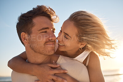 Buy stock photo Couple, love and hug, together outdoor for romantic date and care with bonding during sunset. Man, woman and romance, honeymoon or anniversary celebration with support, trust and embrace.