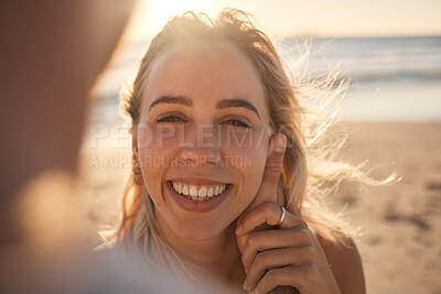 Buy stock photo Pov, couple and love on beach holiday, vacation or summer date outdoors. Portrait, romance and smile of man and woman with affection, having fun and enjoying quality time together on sandy seashore.