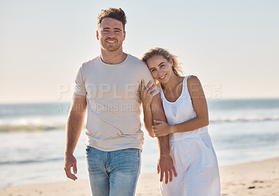 Buy stock photo Couple, happy and beach in portrait for love, bonding and walking together on vacation, holiday or honeymoon. Man, woman and romance on adventure, walk or relax by ocean in summer, waves and smile