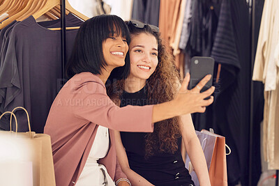 Buy stock photo Women, friends and phone selfie while shopping in store for luxury and designer clothing. Retail, fashion sales and people take picture with mobile smartphone for social media or happy memory in mall