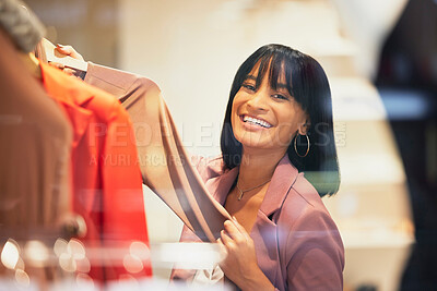 Buy stock photo Woman, fashion and smile for shopping in store for clothing, garment or fabric at the mall. Portrait of happy female shopper or customer with smile in retail boutique shop for fashionable clothes