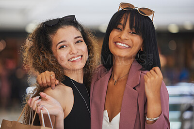 Buy stock photo Luxury retail, fashion and friends shopping for commercial goods, designer clothes and modern boutique store with shopping bag. Happy woman, friendship and women hug in Paris look for sales discount 