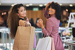 Women, friends and shopping in mall, portrait and happiness, smile and excited to buy luxury products, fashion and discount sales. Happy customers, shopping bags and retail store, market and boutique