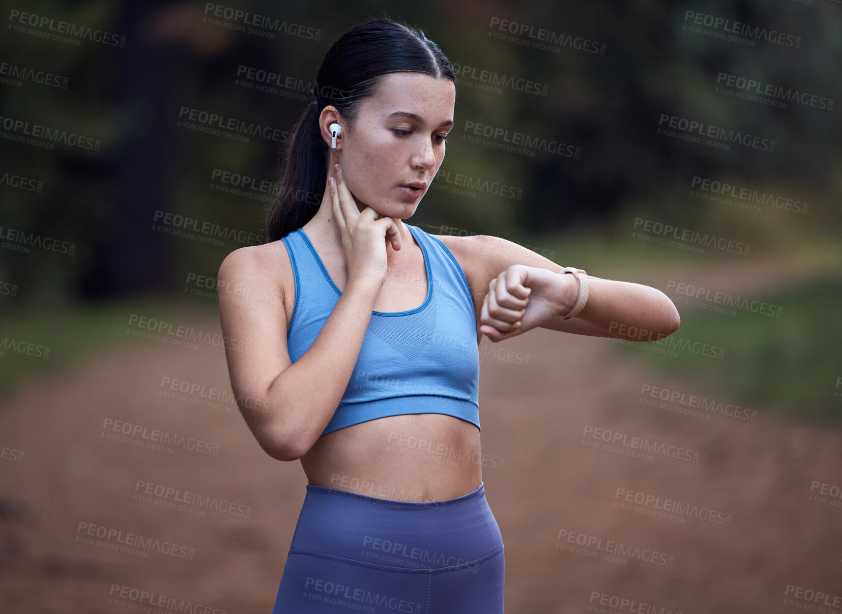 Buy stock photo Heart rate, watch and fitness woman monitor runner performance, sport and exercise outdoor. Healthy, running and workout training of a athlete checking health progress and run time in nature