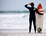 Sports, fitness and surf with man at beach with mockup for training, workout or relax. Summer, exercise and ocean with athlete surfer in sand ready for tropical, vacation and cardio on travel holiday