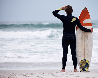 Buy stock photo Sports, fitness and surf with man at beach with mockup for training, workout or relax. Summer, exercise and ocean with athlete surfer in sand ready for tropical, vacation and cardio on travel holiday