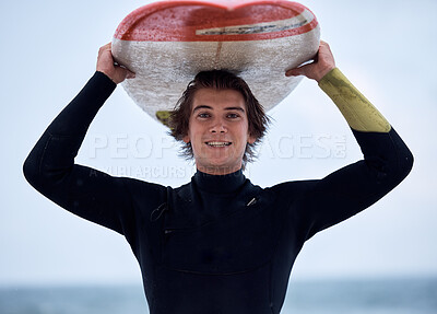 Happy surfer, man with surfboard and ocean surfing sport on waves for fitness exercise, leisure and water training exercise. Beach surf, sea wetsuit and fun Australia summer wellness freedom workout