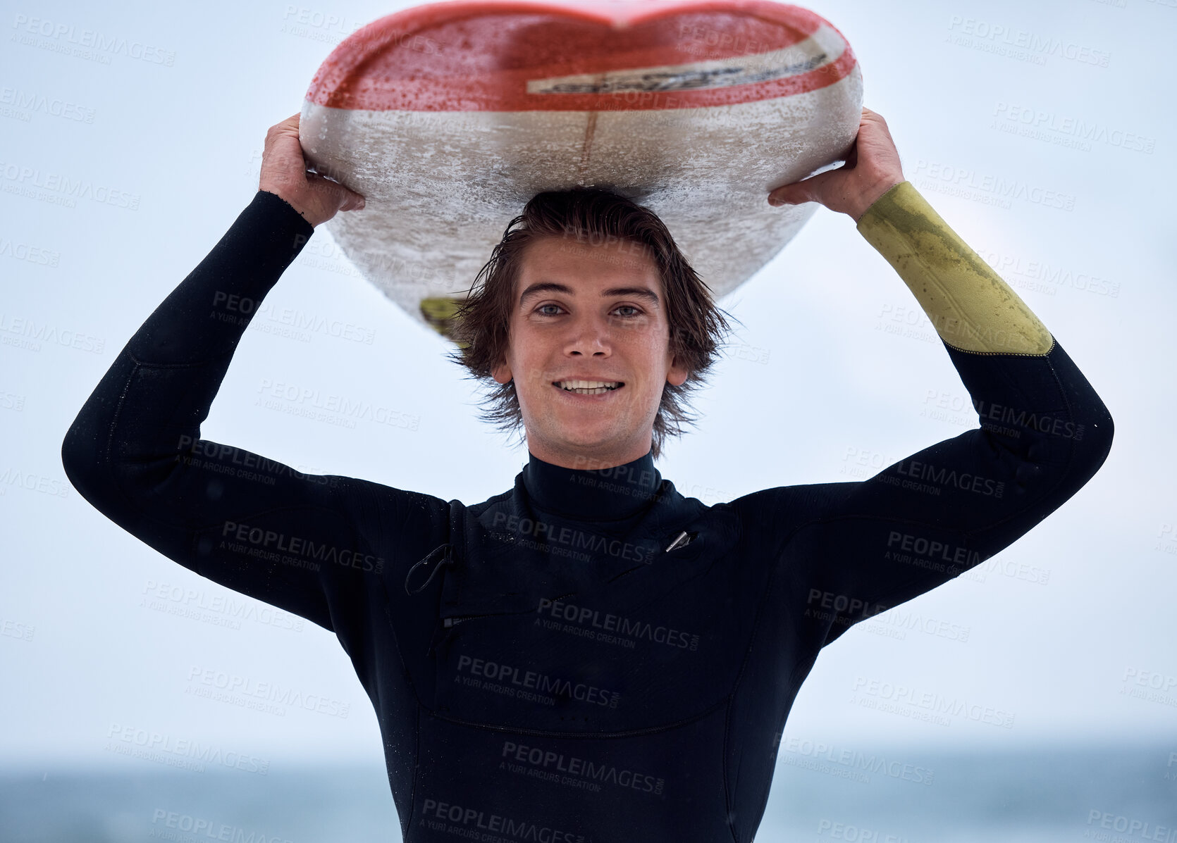 Buy stock photo Portrait of happy surfer, man with surfboard and ocean surfing sport outdoors for free fitness, exercise and water training. Beach surf, sea wetsuit and fun Australia summer wellness freedom workout 