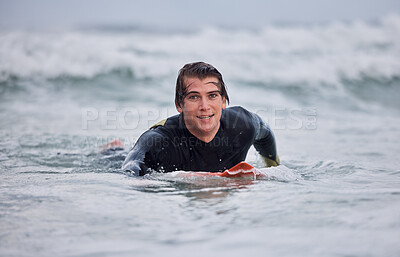 Buy stock photo Portrait, man and surfing, ocean waves and water, summer freedom and happiness outdoors. Happy surfer guy on board, beach and sea, relax and happiness, sports adventure and vacation, swimming and sun