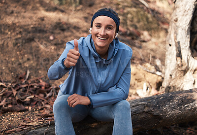 Buy stock photo Woman, hiking and thumbs up in mountains, forest and nature, adventure and trekking success, motivation and outdoor freedom. Thumb up, portrait and support for fitness, eco wellness and healthy goals