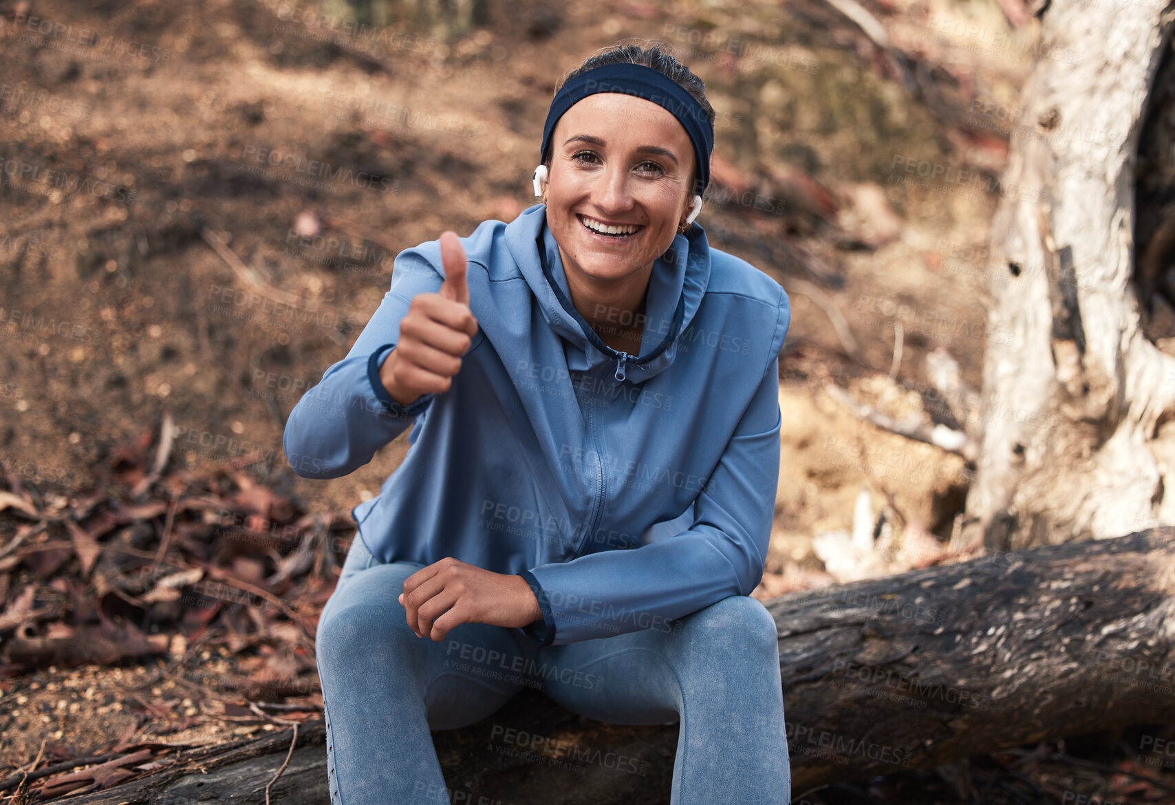 Buy stock photo Woman, hiking and thumbs up in mountains, forest and nature, adventure and trekking success, motivation and outdoor freedom. Thumb up, portrait and support for fitness, eco wellness and healthy goals